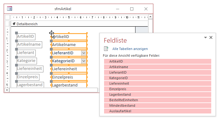 Formular-Entwurf des Unterformulars sfmArtikel