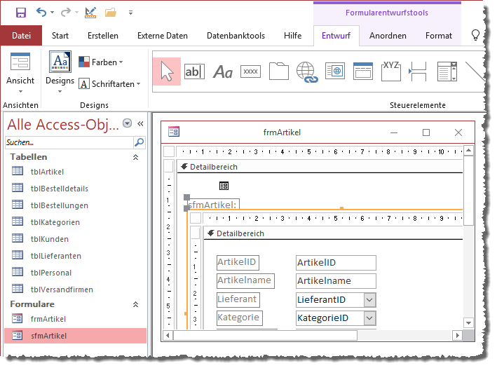 Hinzufügen des Unterformulars zum Hauptformular