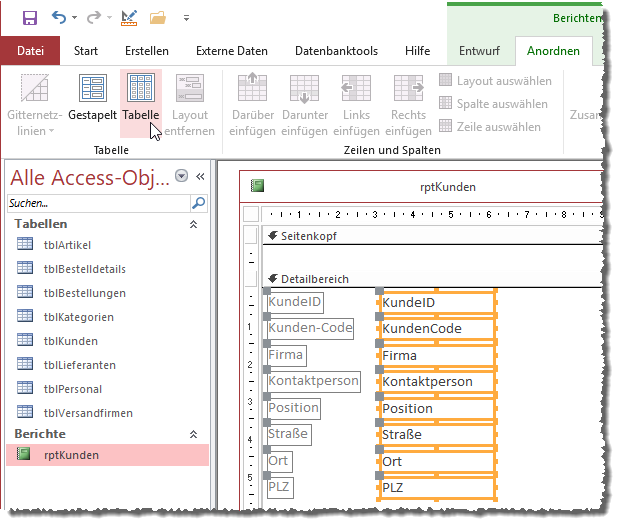 Markieren aller Felder und Anwenden eines Layouts