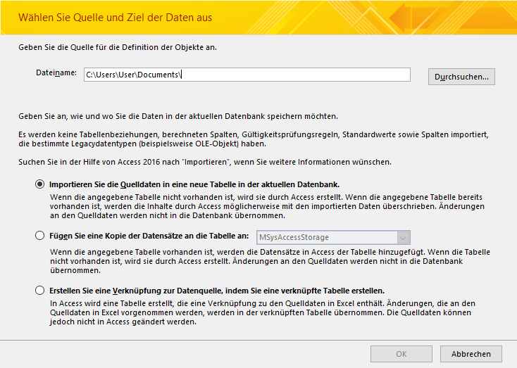 Assistent zum Importieren oder Verknüpfen von Excel-Daten
