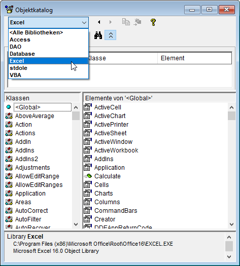 Die Excel-Elemente im Objektkatalog