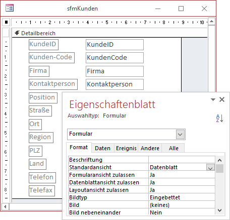 Entwurf des Unterformulars