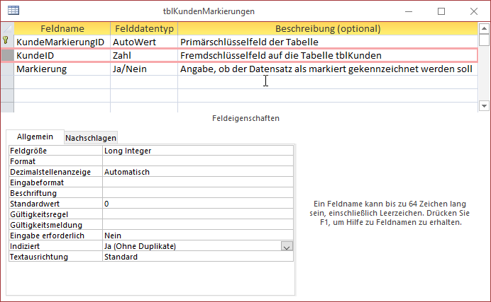 Entwurf der Zusatztabelle tblKundenMarkierungen