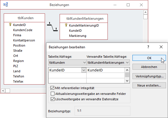 Beziehung zwischen den Tabellen tblKunden und tblKundenMarkierungen