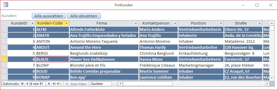 Markierung von Datensätzen in der Datenblattansicht