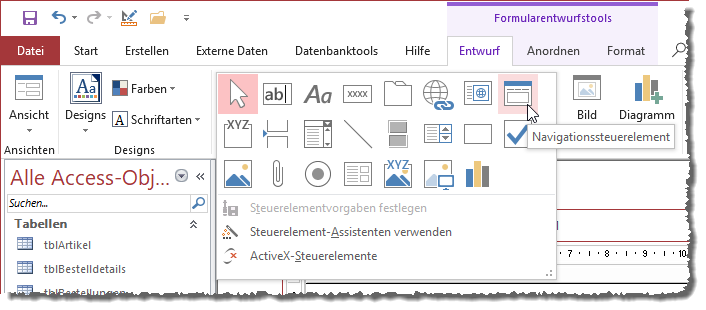 Einfügen eines Navigationssteuerelements über das Ribbon