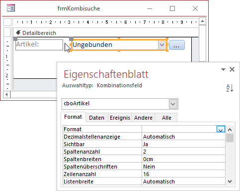 Entwurf des Formulars mit dem Kombinationsfeld