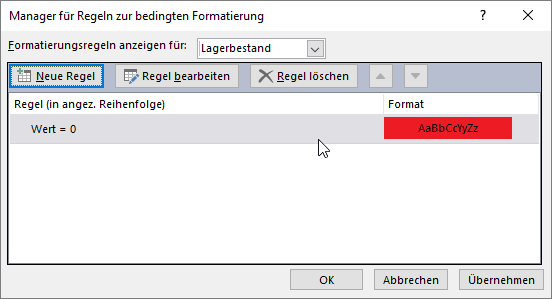 Liste der angelegten Formatierungsregeln