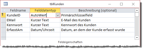Entwurf der Tabelle tblKunden