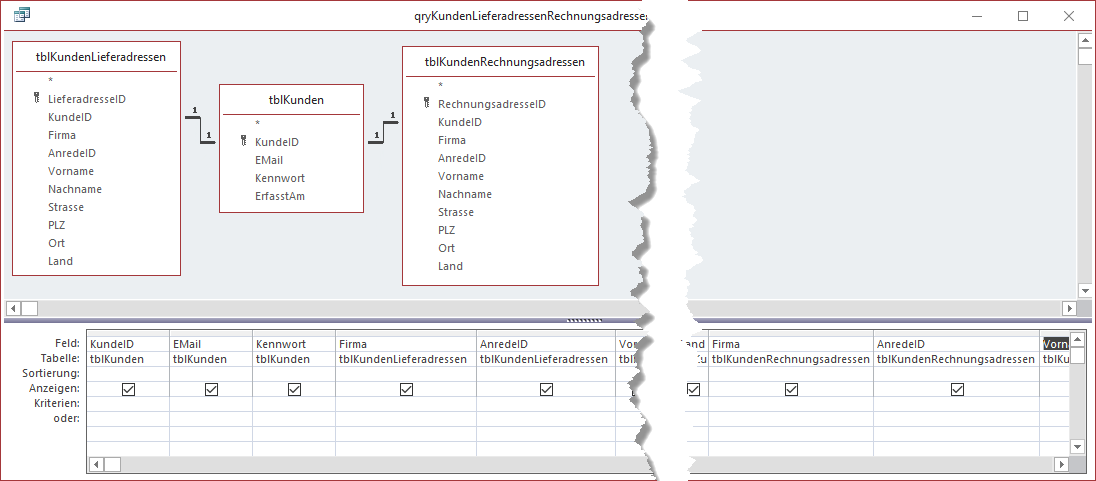 Entwurf der Abfrage qryKundenLieferadressenRechnungsadressen