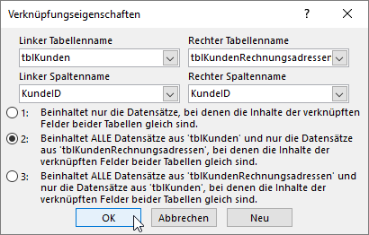 Verknüpfungseigenschaften der 1:1-Beziehung zwischen den Tabellen tblKunden und tblKundenRechnungsadressen