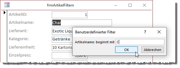 Eingabe eines Filtervergleichswertes
