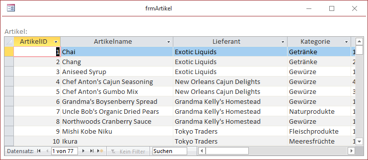 Datenblatt in der Formularansicht