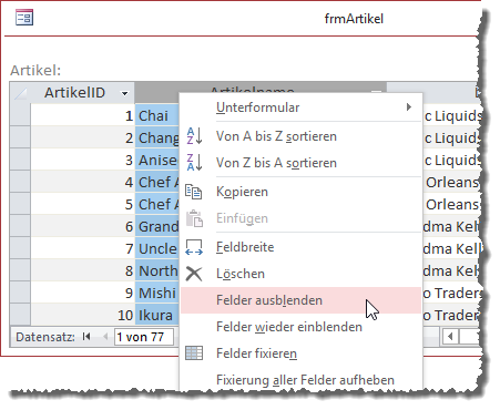 Feld ausblenden per Kontextmenü