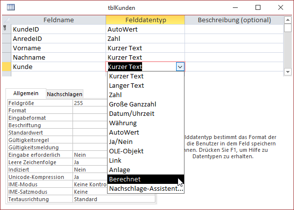 Auswählen des Datentyps Berechnet