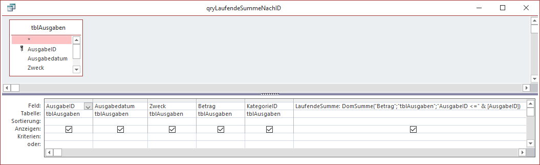 Abfrage mit laufender Summe, sortiert nach dem Primärschlüsselwert