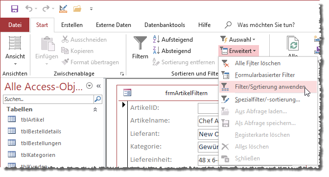 Ribbon-Befehle zum erweiterten Filtern