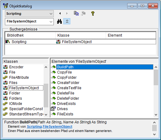 Per Objektkatalog in den Methoden einer Klasse stöbern