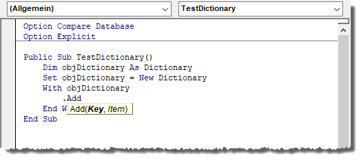 Nutzen von IntelliSense mit dem Dictionary-Objekt
