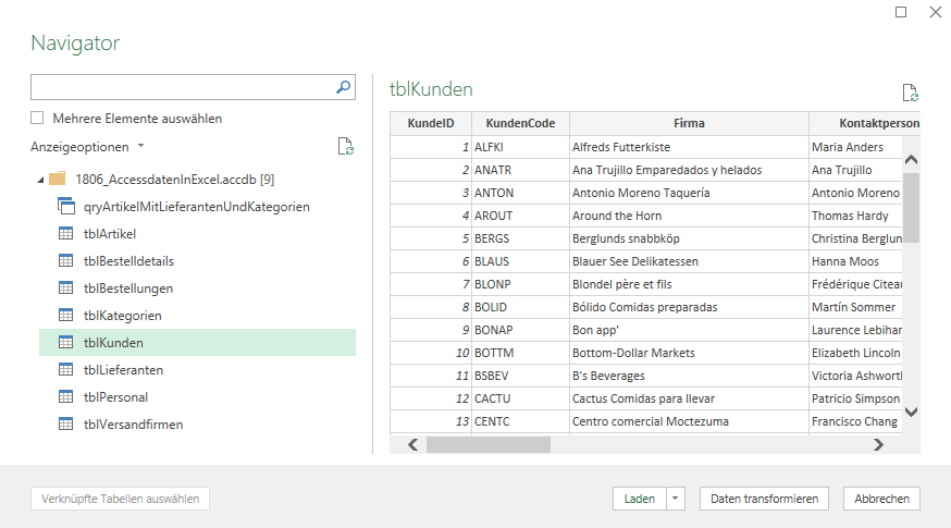 Auswahl der abzufragenden Daten