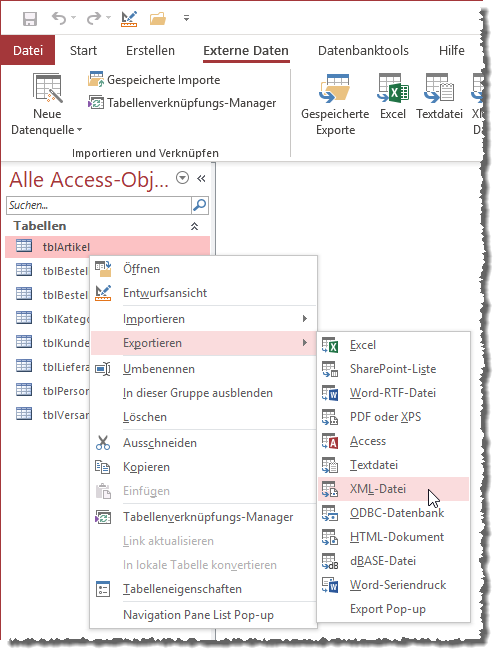 Export einer Tabelle in das XML-Format
