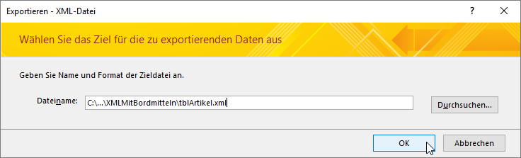 Angabe des Speicherortes für das zu exportierende XML-Dokument
