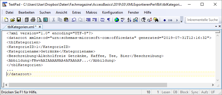 Export der Tabelle tblKategorien (gekürzte Fassung)