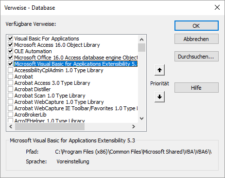 Der Verweis auf die Extensibility-Bibliothek für das Programmieren der VBA-Entwicklungsumgebung