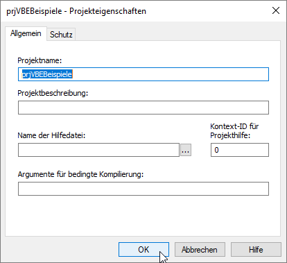 Eigenschaftsfenster des Projekts