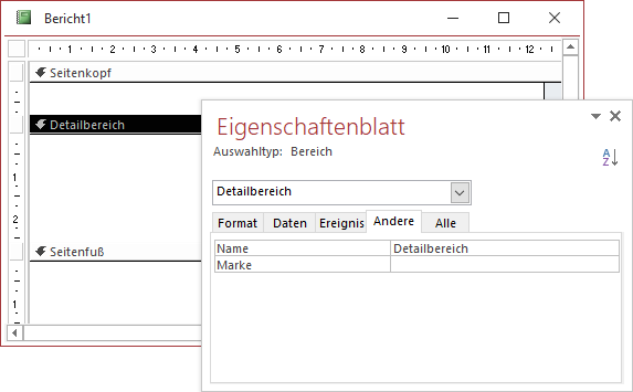 Der Name der einzelnen Bereiche eines Berichts kann angepasst werden.