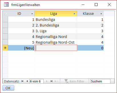 Formular zur Eingabe von Ligen