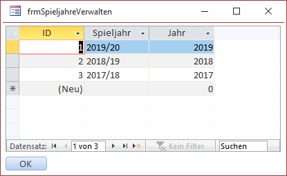 Formular zur Eingabe von Spieljahren