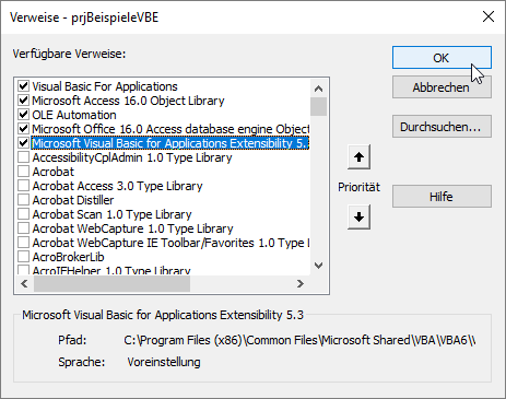 Notwendiger Verweis für das Programmieren der VBA-Entwicklungsumgebung