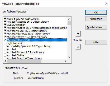 Verweise-Dialog mit zusätzlichen Verweisen
