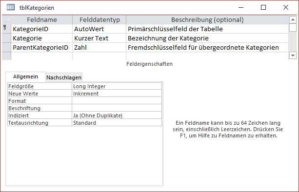 Entwurf der Tabelle mit Verknüpfung auf sich selbst
