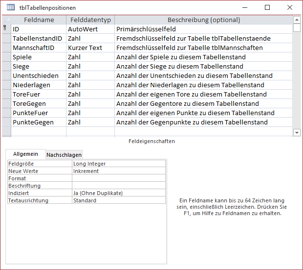 Tabelle zum Speichern der Tabellenstände