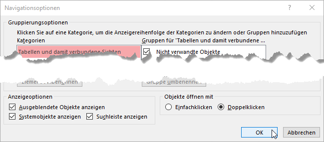 Aktivieren der Anzeige von System- und ausblendeten Objekten