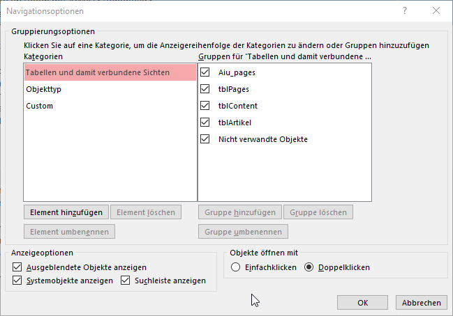 Einblenden der Systemtabellen
