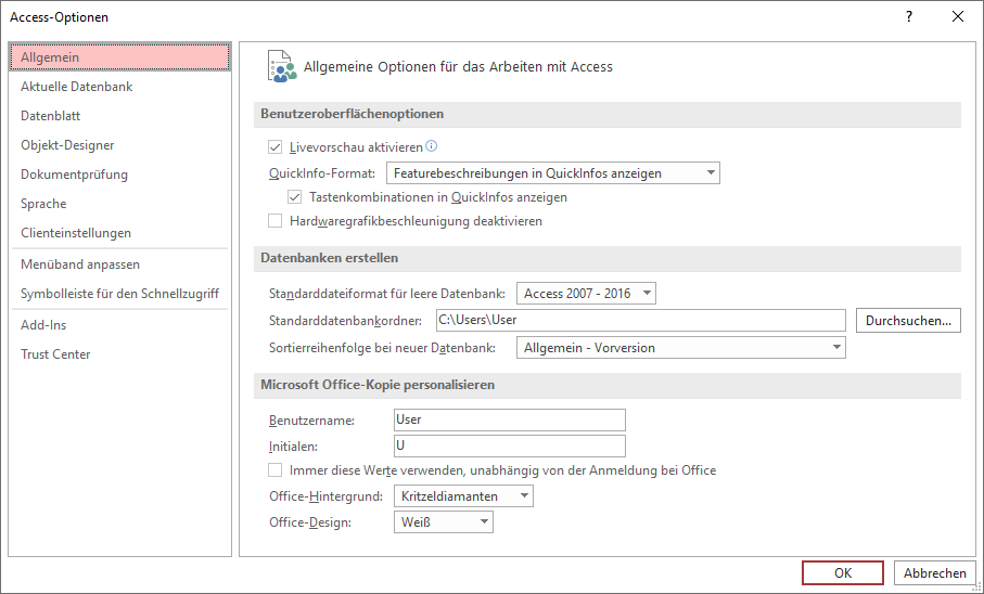 Optionen im Bereich Allgemein