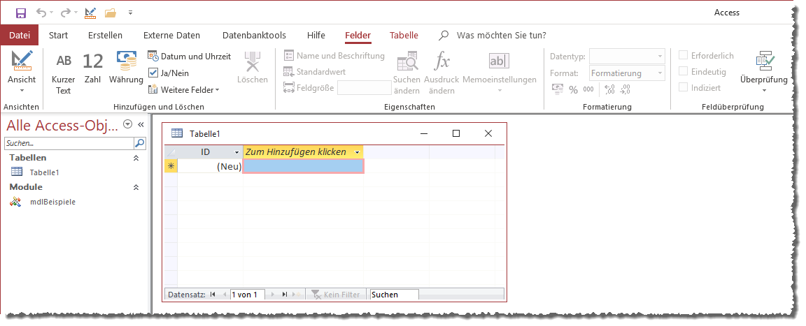 Ribbon-Befehle zum Entwerfen der neuen Tabelle
