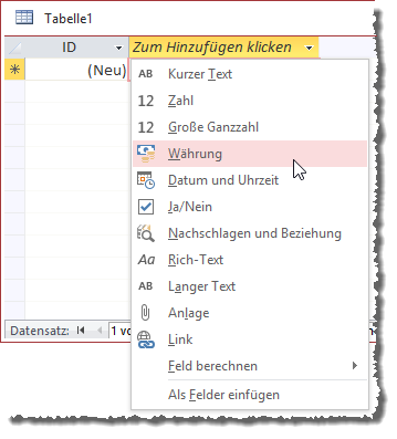 Datentypen für neue Felder