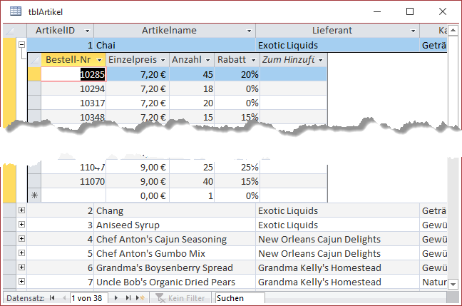 Tabelle mit Unterdatenblatt