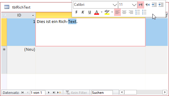 Anzeige des Menüs zum Formatieren des Inhalts von Rich-Text-Feldern
