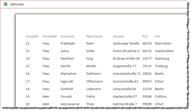 Bericht mit Anrede im Tabellenlayout