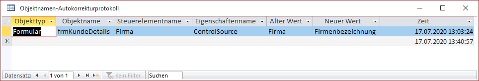 Tabelle zur Protokollierung von Änderungen durch die Objektnamen-Autokorrektur
