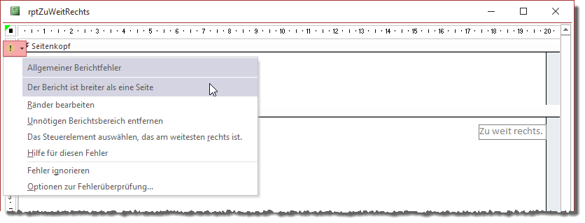 Fehler, wenn die Seitenbreite in einem Bericht überschritten wird