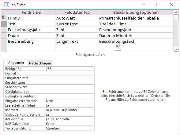 Entwurf der Tabelle tblFilme