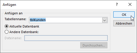 Auswählen der Zieltabelle für die Anfügeabfrage