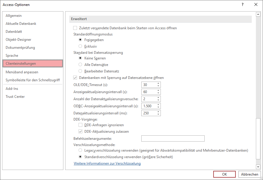 Optionen des Bereichs Clienteinstellungen|Erweitert