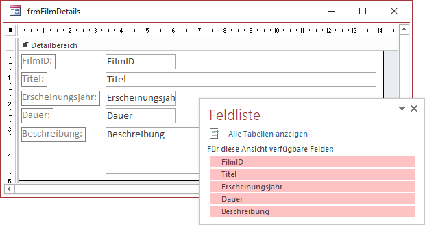 Entwurf des Formulars zur Anzeige der Filme
